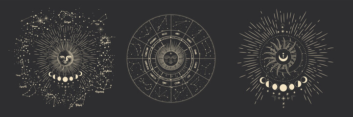 vector illustration set of moon phases. different stages of moonlight activity in vintage engraving 