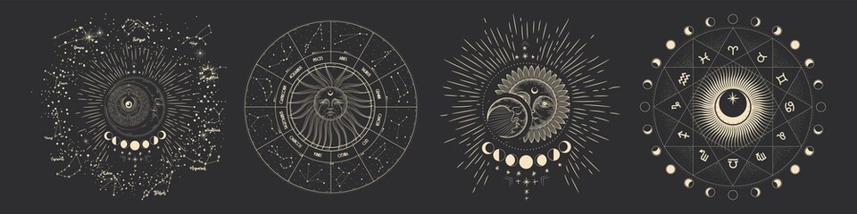 Wall Mural - Vector illustration set of moon phases. Different stages of moonlight activity in vintage engraving style. Zodiac Signs