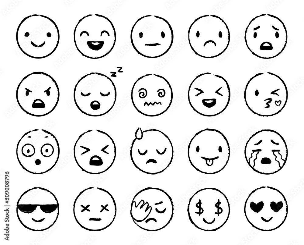 Hand drawn emoji. Doodle emoticons, smile face sketch and grunge ink brush emojis doodles. Emotion mood sketching, comic faces emoji avatar. Isolated vector symbols set - obrazy, fototapety, plakaty 