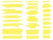 Highlight marker lines. Yellow text highlighter markers strokes, highlights marking. Permanent marker sketches, ink brush or permanent marker sketch. Isolated vector symbols set