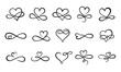 Infinity love flourish. Hand drawn heart decorative flourishes, love ornate tattoo design and infinity hearts. Endless love logo, wedding card heart print. Isolated vector symbols set