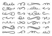 Calligraphy Flourish. Decorative Flourishes Ornament, Ornamental Swirl And Vintage Scrolls Curls. Ornate Swirl Swashes, Decorataion Flourish Divider For Wedding Card. Isolated Vector Symbols Set