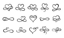 Infinity Love Flourish. Hand Drawn Heart Decorative Flourishes, Love Ornate Tattoo Design And Infinity Hearts. Endless Love Logo, Wedding Card Heart Print. Isolated Vector Symbols Set