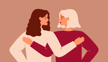 Back View Of Two Strong Women Supporting Each Other. Friends Hug And Look Each Other In The Face. The Concept Of Friendship, Care And Love. Vector Flat Illustration