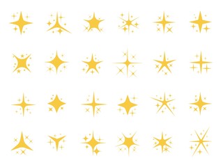 Wall Mural - Sparkling stars. Shiny sparks, glitter light star and sparkle elements. Gold christmas card glow stars, yellow starburst shining sparkles. Isolated vector signs set