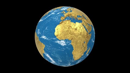 Wall Mural - Gold rotating Earth planet isolated on black background. Spinning 3d earth globe seamless looping animation.