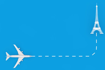 Poster - Travel to France Concept. White Jet Passenger's Airplane Fly to Eiffel Tower Building. 3d Rendering