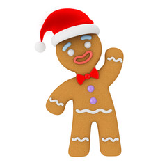 Happy New Year Concept. Gingerbread Man Cookie in Santa Claus Hat. 3d Rendering