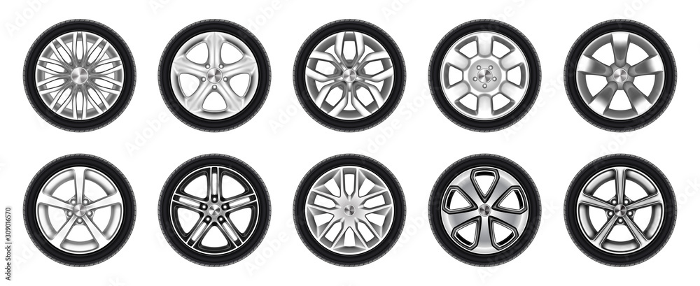 Set of isolated rubber tyre, car tire, truck wheel - obrazy, fototapety, plakaty 