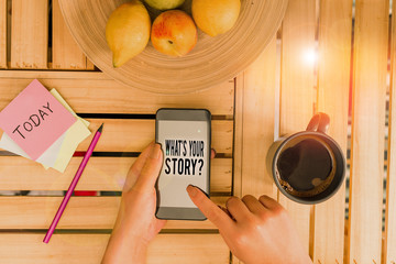 Poster - Word writing text What S Your Story Question. Business photo showcasing asking demonstrating about his past life actions events woman computer smartphone drink mug office supplies technological