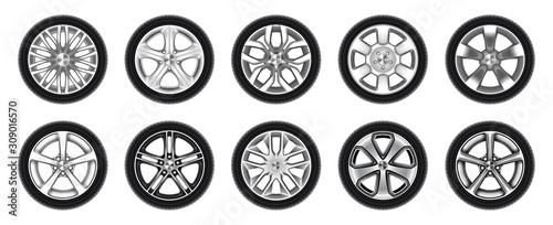 Cuadros en Lienzo Set of isolated rubber tyre, car tire, truck wheel