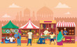 Street market flat vector illustration. Local Indian outdoor marketplace. Traditional retailing. Joyous ccartoon vendors at counters and customers. Sellers at stands. Asian city view background