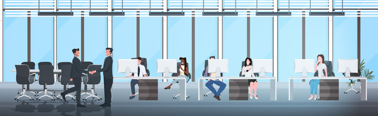 businessmen shaking hands businesspeople sitting at workplaces successful teamwork concept creative co-working center office interior horizontal full length vector illustration