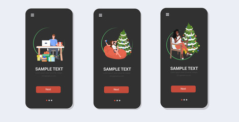 Poster - set mix race people celebrating merry christmas happy new year winter holidays concept smartphone sc