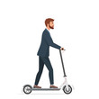 © lembergvector - Man on electric scooter flat vector illustration. Male ccartoon character riding ecologically clean urban vehicle. Guy in suit using modern personal transporter. Businessman on e-scooter going to work