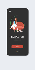 Wall Mural - woman sitting on armchair happy girl with dog relaxing at home smartphone screen online mobile app full length vertical vector illustration