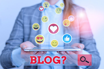 Poster - Conceptual hand writing showing Blogquestion. Concept meaning regularly updated website web page run by individual