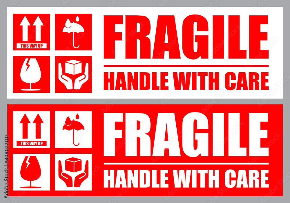 Fragile, Handle with Care or Package Label stickers set. Red and white colour set. Banner format. - obrazy, fototapety, plakaty 