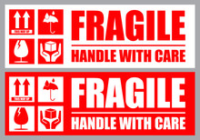 Fragile, Handle With Care Or Package Label Stickers Set. Red And White Colour Set. Banner Format.