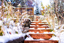 Plant Decorations Landscaping Covered In Winter Snow Terraced Along Steep Wooden Steps Up With Nobody Architecture Of Garden Backyard Of House In Colorado