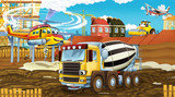 Fototapeta  - cartoon scene with industry cars on construction site and flying helicopter - illustration for children