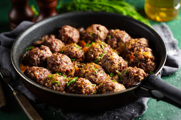 Poster - Fried meatballs with sauce on pan