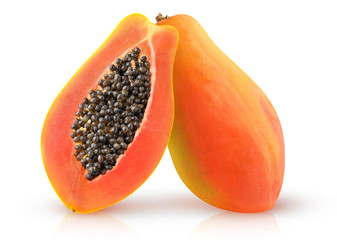 Fototapete - Isolated papaya. Two halves of papaya fruit with seeds isolated on white background with clipping path