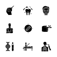 Wall Mural - Medical procedure glyph icons set. Healthcare. Orthopedic cast. Immunotherapy. Dental care. Cosmetology. Bandaging. Genetics. Autopsy. Bronchoscopy. Silhouette symbols. Vector isolated illustration