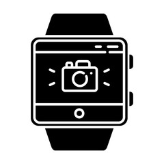 Poster - Camera fitness wristband function glyph icon. Remote capture features. Synchronization with smartphone camera for taking photos.Silhouette symbol. Negative space. Vector isolated illustration