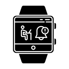 Sticker - Notifications smartwatch function glyph icon. Fitness wristband capability. Synchronization with laptop, computer and other gadgets. Silhouette symbol. Negative space. Vector isolated illustration