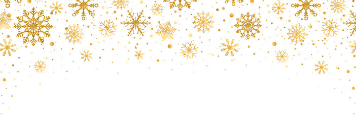 Wall Mural - Golden snowflakes frame with different ornaments. Gold snowflakes falling on white background. Luxury Christmas garland. Winter ornament for packaging, cards, invitations. Vector illustration