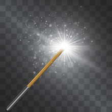 Magic Wand Silver Flash. Vector Isolated On Transparent Background. Wizard Outfit Accessorie, Fairy Tale Spell Stick With Shining Glittering Miraculous Light And Stardust. Abracadabra Conjuration Toy.