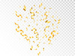 Confetti gold explosion on transparent backdrop. Golden burst with decoration elements. Bright flying ribbon. Anniversary or birthday template. Vector illustration