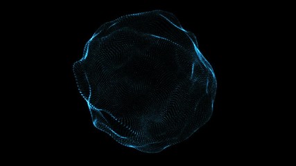 Poster - Abstract glowing sphere. Glow particles. Wavy round shape. Motion background. Futuristic element. Isolated on black template. 4k