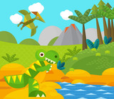 Fototapeta Dinusie - Cartoon happy dinosaur near some river and volcano - illustration for children
