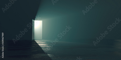 Fotografía hope amid the gloom concept, a bright exit door in dark room, the light at the e