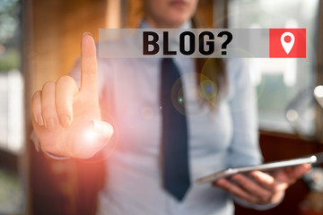 Poster - Handwriting text writing Blogquestion. Conceptual photo regularly updated website web page run by individual Blurred woman in the background pointing with finger in empty space