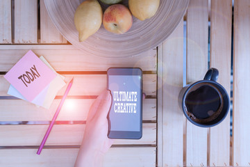 Leinwandbilder - Writing note showing Ultimate Creative. Business concept for way of producing or using original and unusual ideas woman with laptop smartphone and office supplies technology