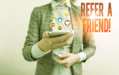 Poster - Handwriting text writing Refer A Friend. Conceptual photo direct someone to another or send him something like gift