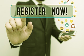 Poster - handwriting text register now. conceptual photo official list or record showing or things into web o