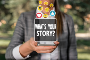 Poster - Handwriting text writing What S Your Story Question. Conceptual photo asking demonstrating about his past life actions events