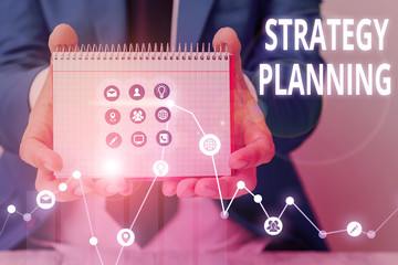 Poster - Writing note showing Strategy Planning. Business concept for A systematic process of envisioning a desired future