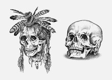 Human Skull. Dead Native American Indian With Feathers In Vintage Style. Retro Old School Sketch For Tattoo. Monochrome Hand Drawn Engraved Retro Badge For T-shirt, Banner Poster And Logo.