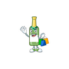 Wall Mural - Cheerful champagne green bottle cartoon character waving and holding Shopping bags