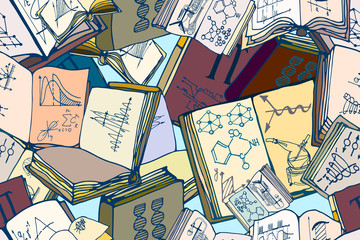 Wall Mural - vector seamless pattern with several open books sketches, graphs, diagrams and formulas. abstract sc