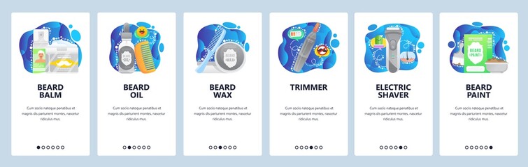 Poster - mobile app onboarding screens. barbershop, beard cut for men, oil, cream, electric shaver, trimmer. 