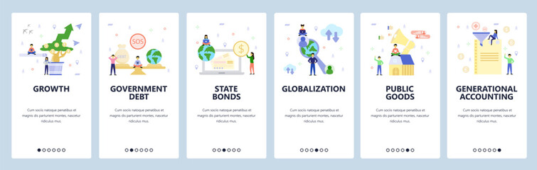 Mobile app onboarding screens. Government debt, money investment growth, state bonds, globalization. Menu vector banner template for website and mobile development. Web site design flat illustration