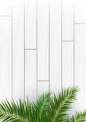 Wall Mural - White Wooden background with exotic palm leaves.