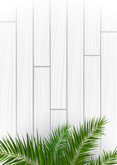 Poster - White Wooden background with exotic palm leaves.