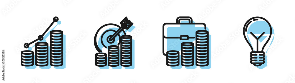 Set line Briefcase and coin, Pie chart infographic and coin, Target ...